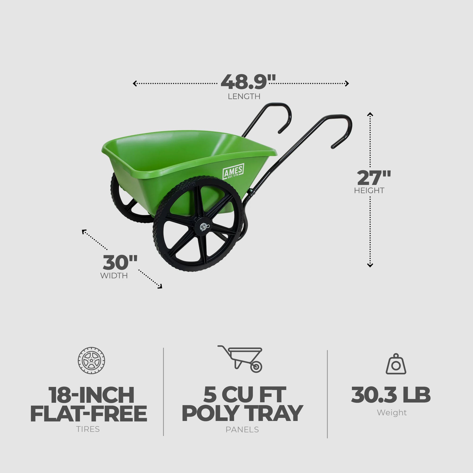 Ames 5 Cubic Feet Total Control Handle Wheelbarrow Poly Tray Lawn Cart, Green - VMInnovations