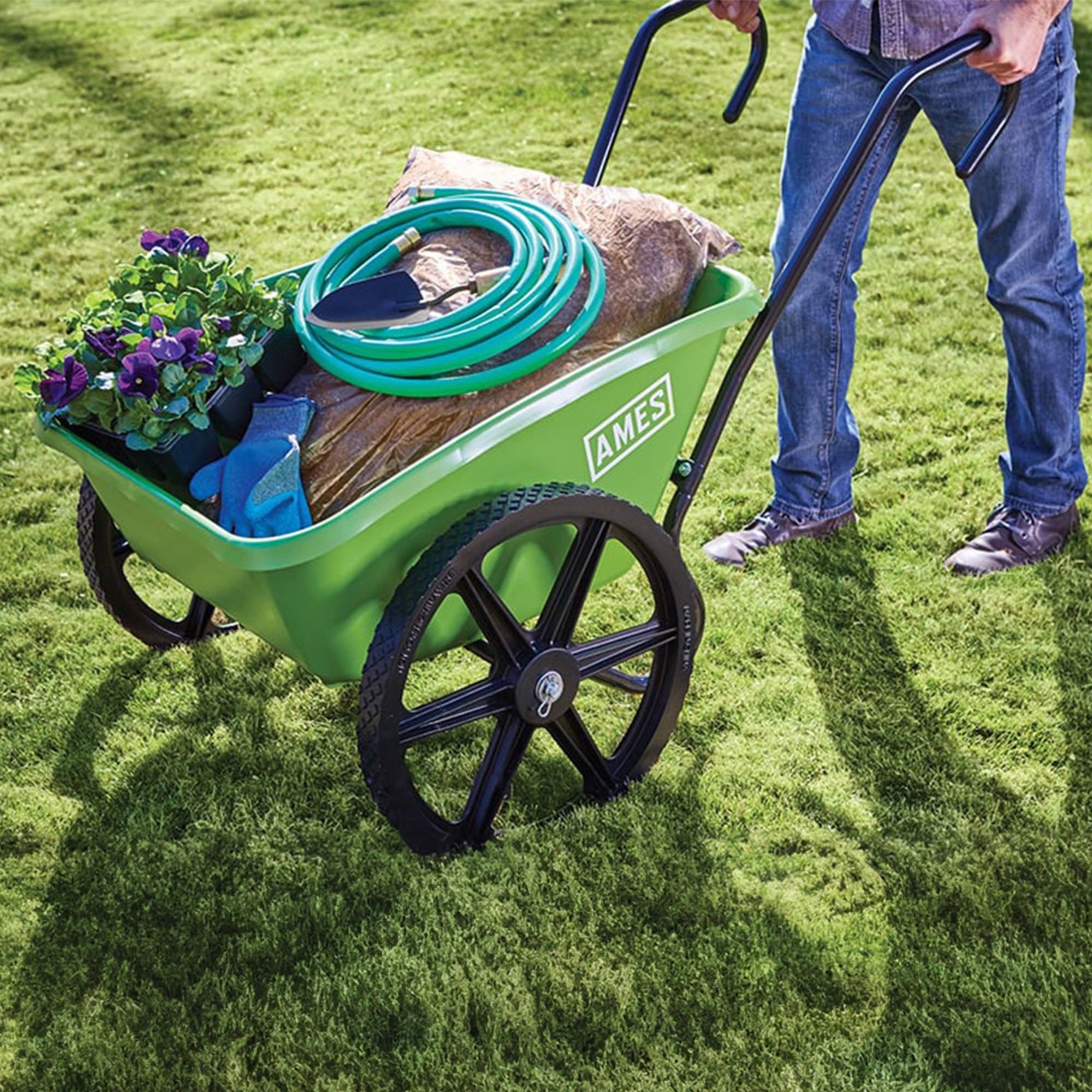 Ames 5 Cubic Feet Total Control Handle Wheelbarrow Poly Tray Lawn Cart, Green - VMInnovations