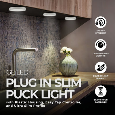 GE LED Plug In Slim Puck Light with Plastic Housing for Under Counter Fixtures