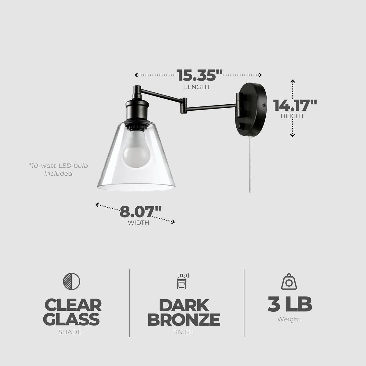 Globe Electric 10W LED Plug In Wall Sconce Clear Glass Shade & 6' Cord(Open Box)