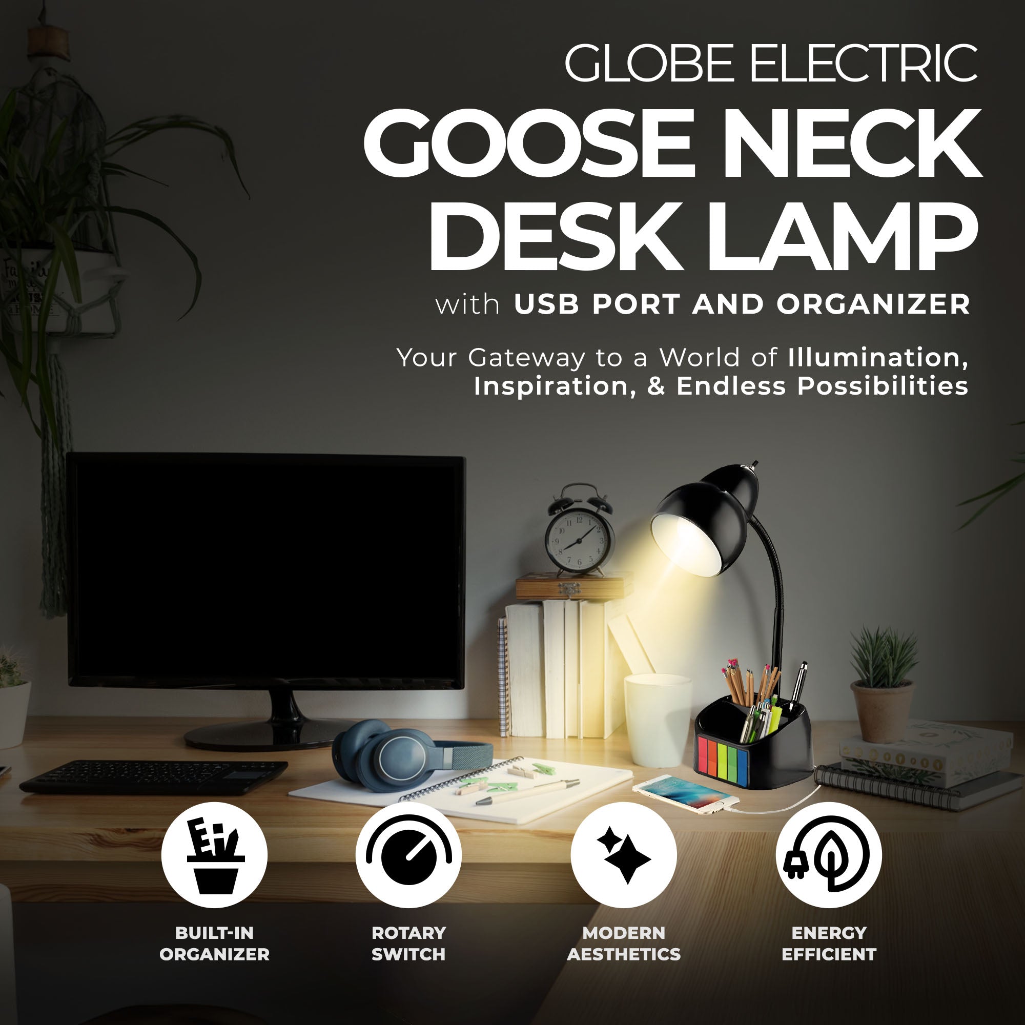 Globe Electric LED Goose Neck Desk Lamp with USB Port and Organizer (Used) - VMInnovations