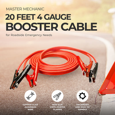 Master Mechanic 20 Feet 4 Gauge Booster Cable for Roadside Emergency Needs, Red - VMInnovations