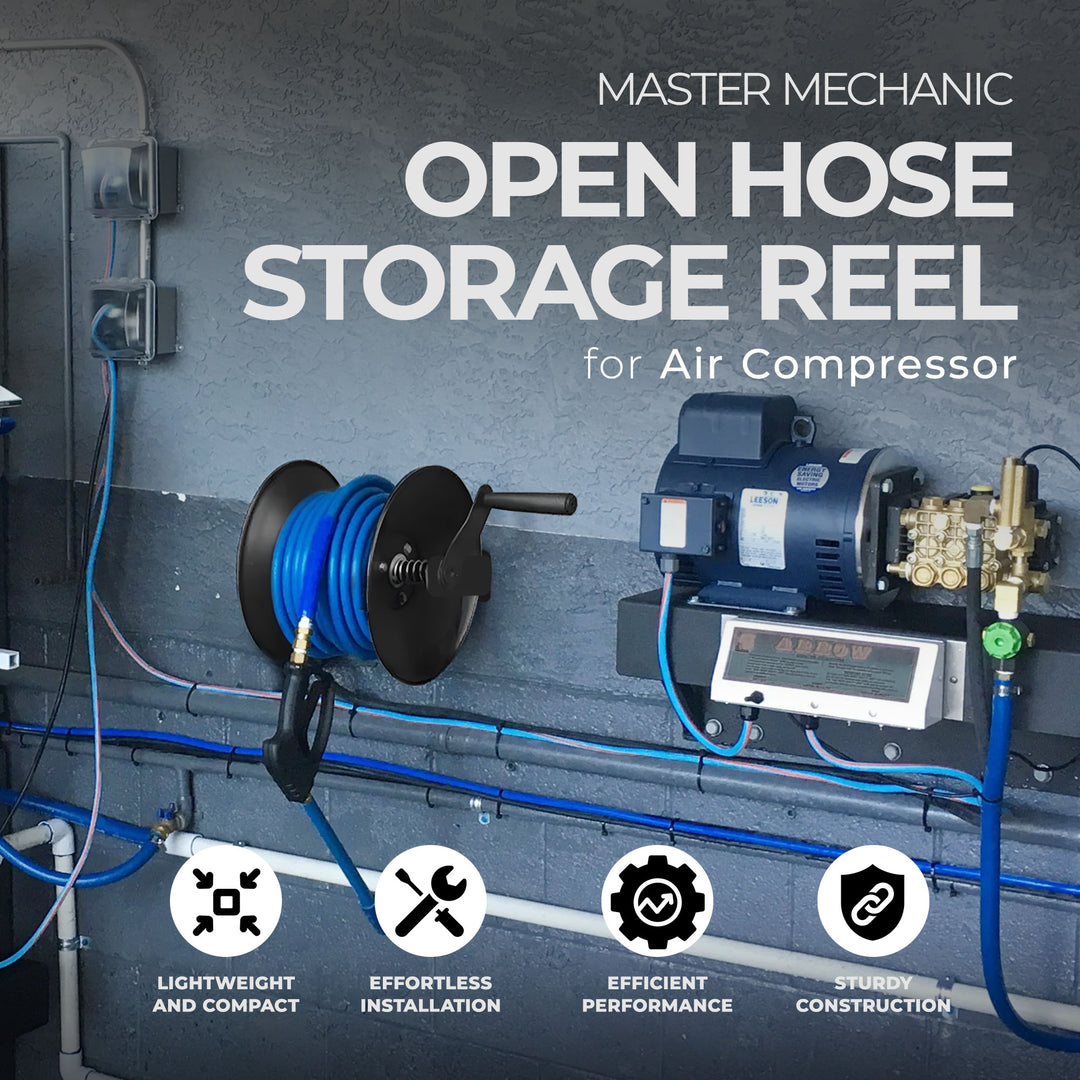 Master 3/8" x 100' Steel Open Air Compressor Hose Storage Reel, Black (Open Box) - VMInnovations