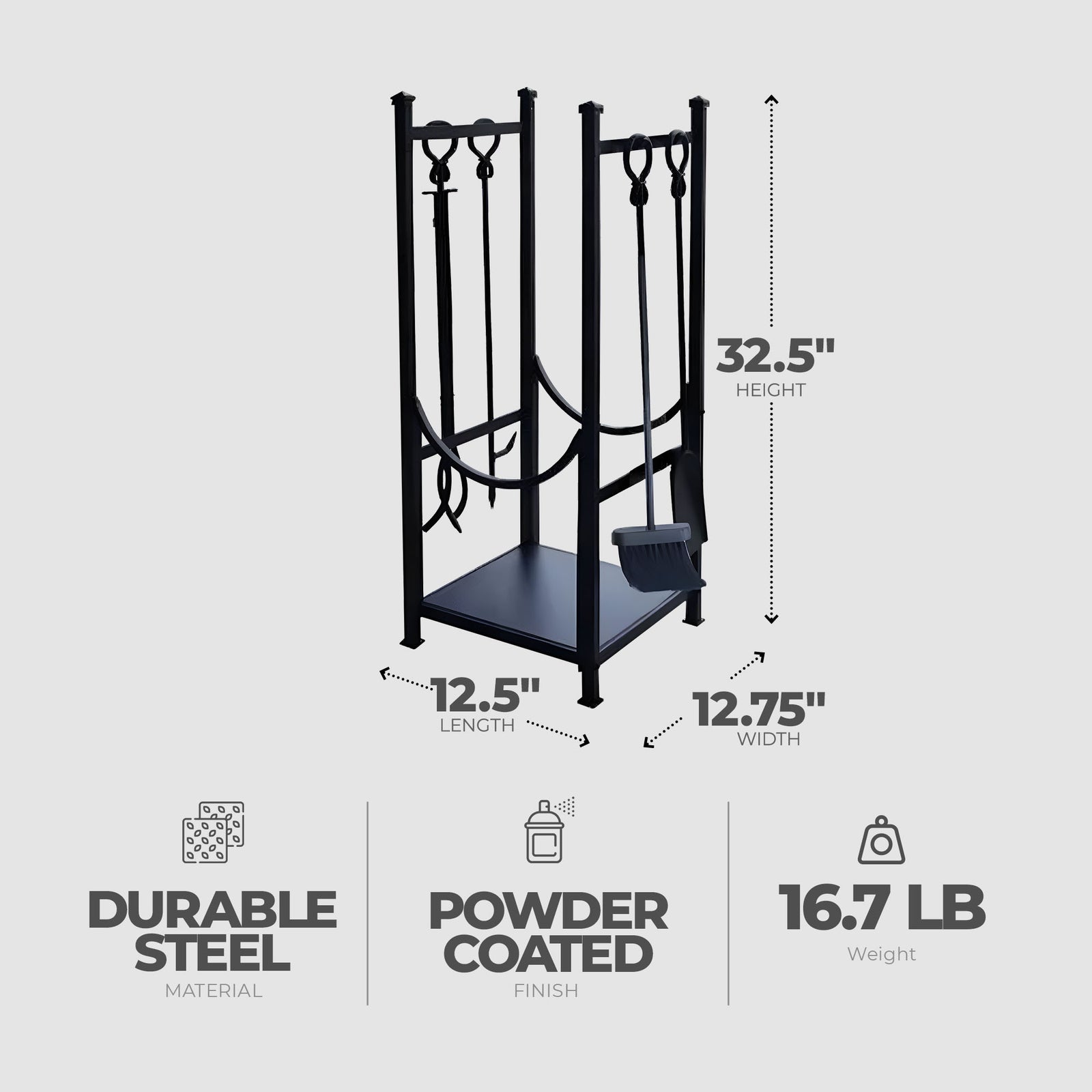 Panacea Firewood Rack with Fireplace Brush, Tong, Shovel, Poker, & Shelf, Black - VMInnovations