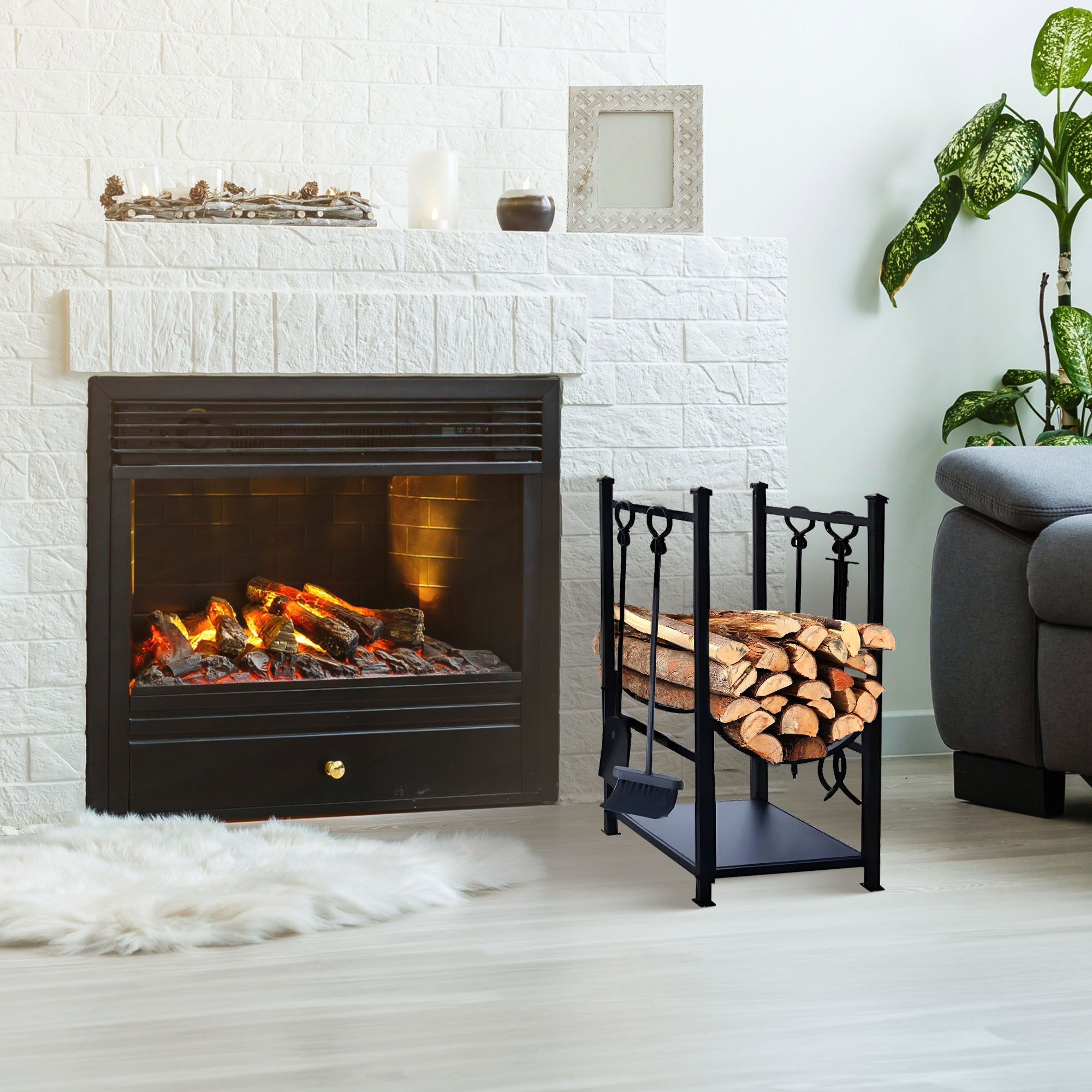 Panacea Firewood Rack with Fireplace Brush, Tong, Shovel, Poker, & Shelf, Black - VMInnovations