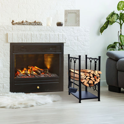 Panacea Firewood Rack w/Fireplace Brush, Tong, Shovel, Poker, & Shelf(Open Box) - VMInnovations