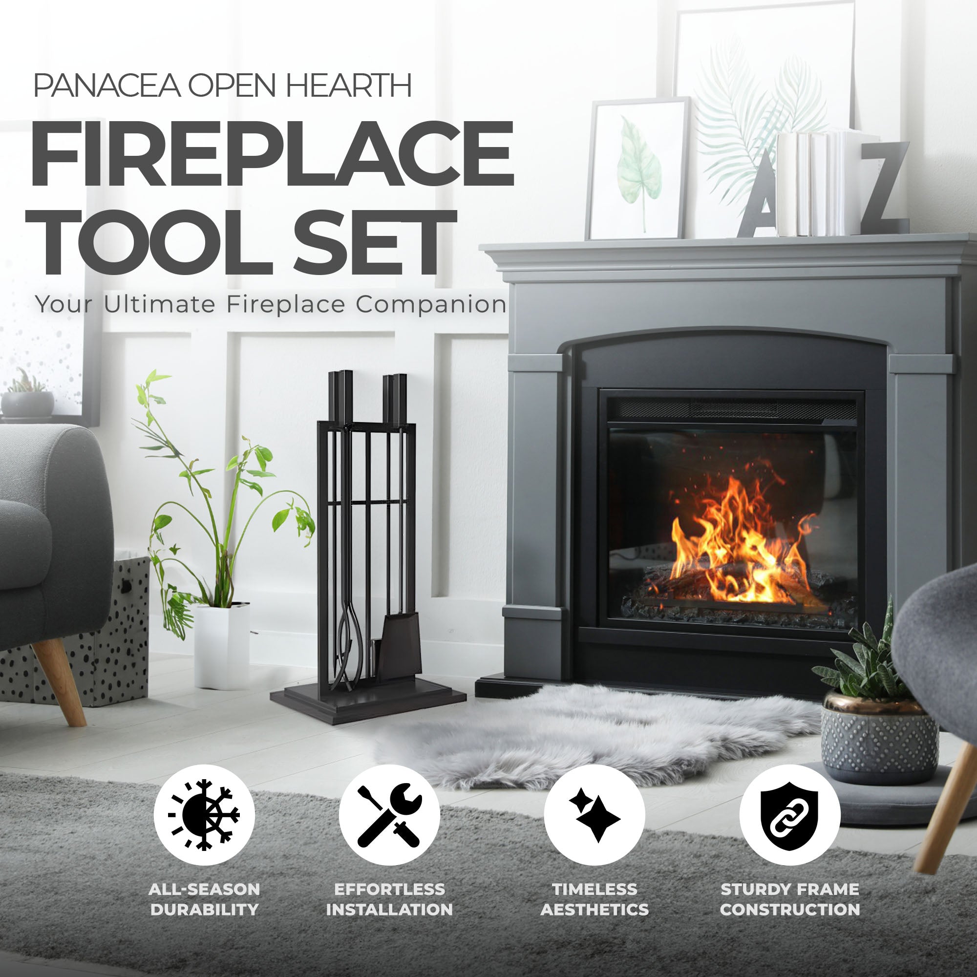 Panacea Open Hearth Fireplace Tool Set w/Brush, Shovel, Poker, Tong & Stand - VMInnovations