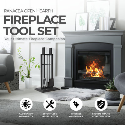 Panacea Open Hearth Fireplace Tool Set w/Brush, Shovel, Poker, Tong & Stand - VMInnovations