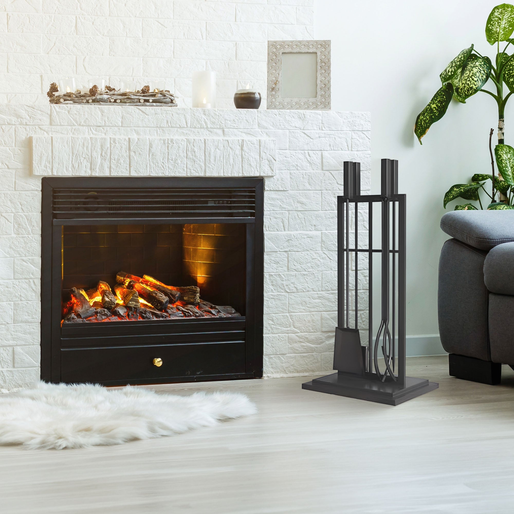Panacea Open Hearth Fireplace Tool Set w/Brush, Shovel, Poker, Tong & Stand - VMInnovations