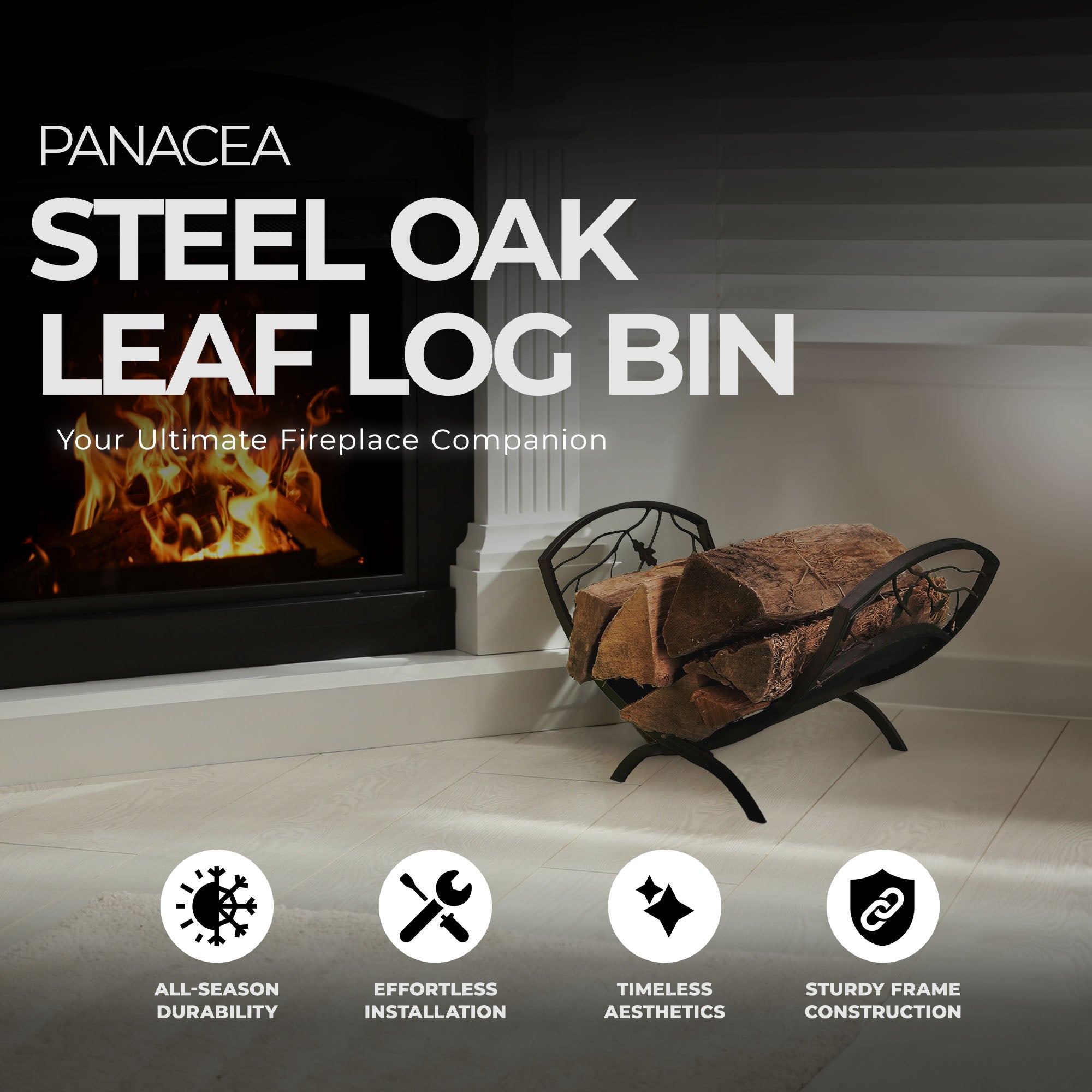 Panacea Compact Foldable Powder-coated Steel Oak Leaf Log Bin with Pan, Brown - VMInnovations