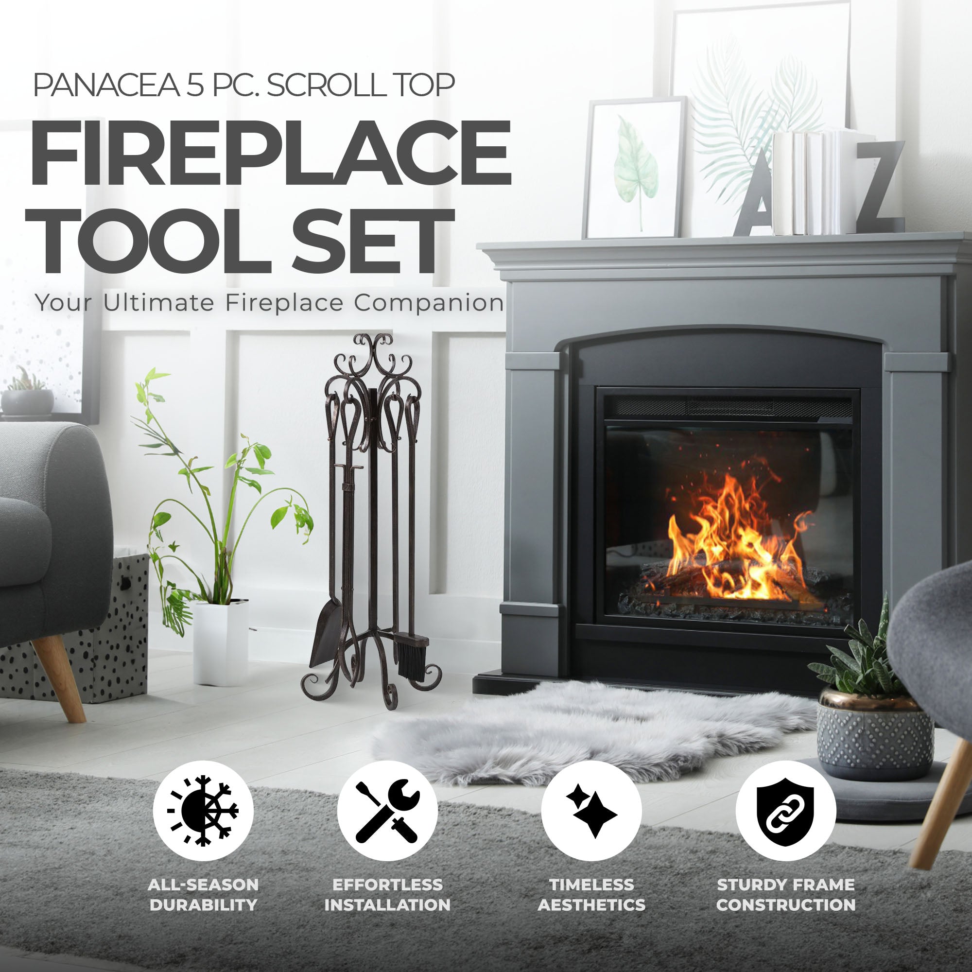 Panacea 5pc Scroll Top Fireplace Powder Coated Steel Accessory Tool Set (Used) - VMInnovations