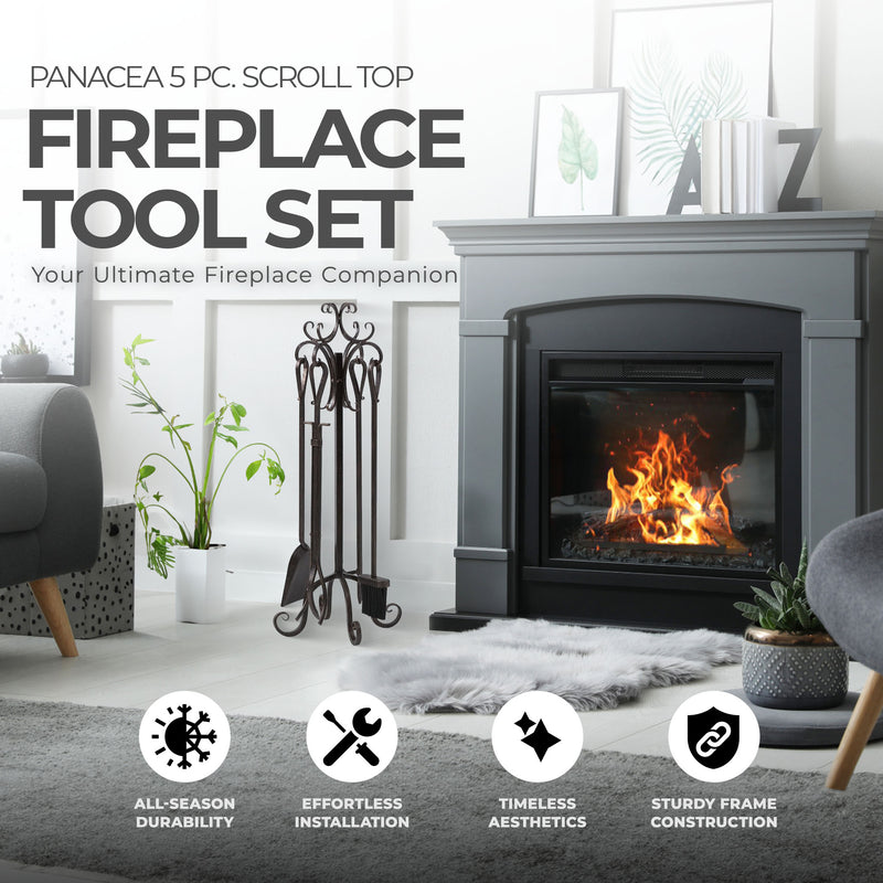 Panacea 5 Piece Scroll Top Fireplace Powder Coated Steel Accessory Tool Set