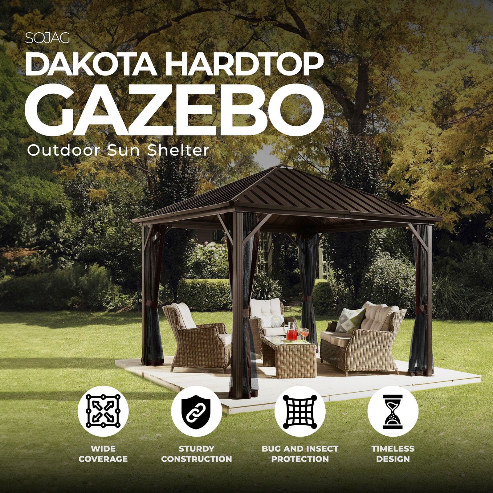 Sojag 10 x 10' Dakota Steel Hardtop Gazebo Sun Shelter, Brown/Black (Used) - VMInnovations