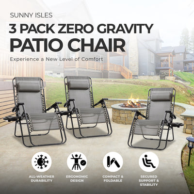 Four Seasons Courtyard Sunny Isles XL Steel Zero Gravity Chair, Gray (3 Pack) - VMInnovations