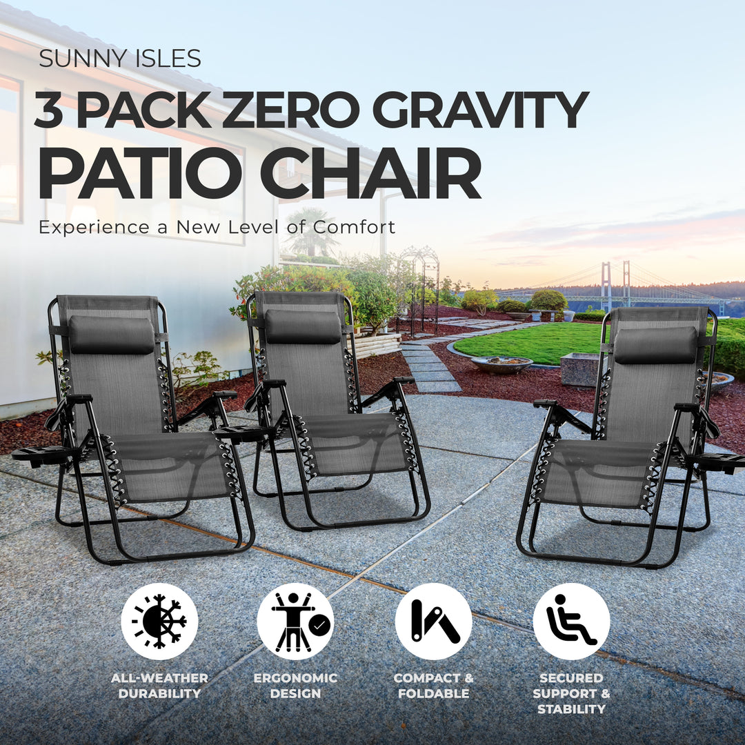 Four Seasons Courtyard Sunny Isles XL Steel Zero Gravity Chair, Black (3 Pack)