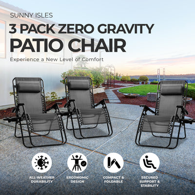 Four Seasons Courtyard Sunny Isles XL Steel Zero Gravity Chair, Black (3 Pack)