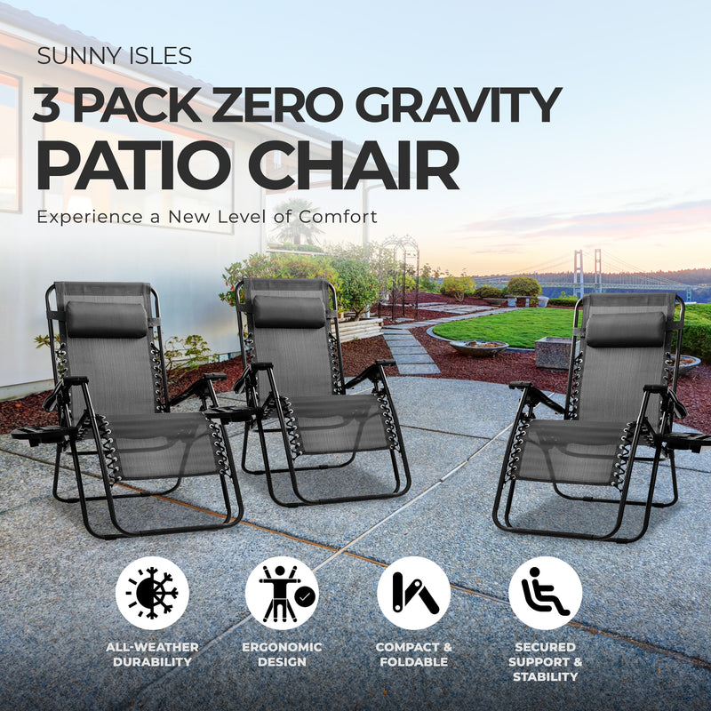 Four Seasons Courtyard Sunny Isles XL Steel Zero Gravity Chair, Black (3 Pack)