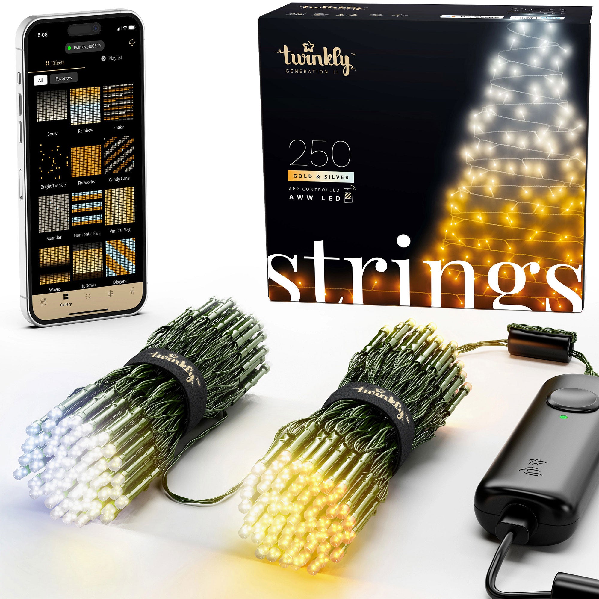 Twinkly Bluetooth 65.5 Ft 250 LED Amber/White Lights & USB Light Effects Dongle