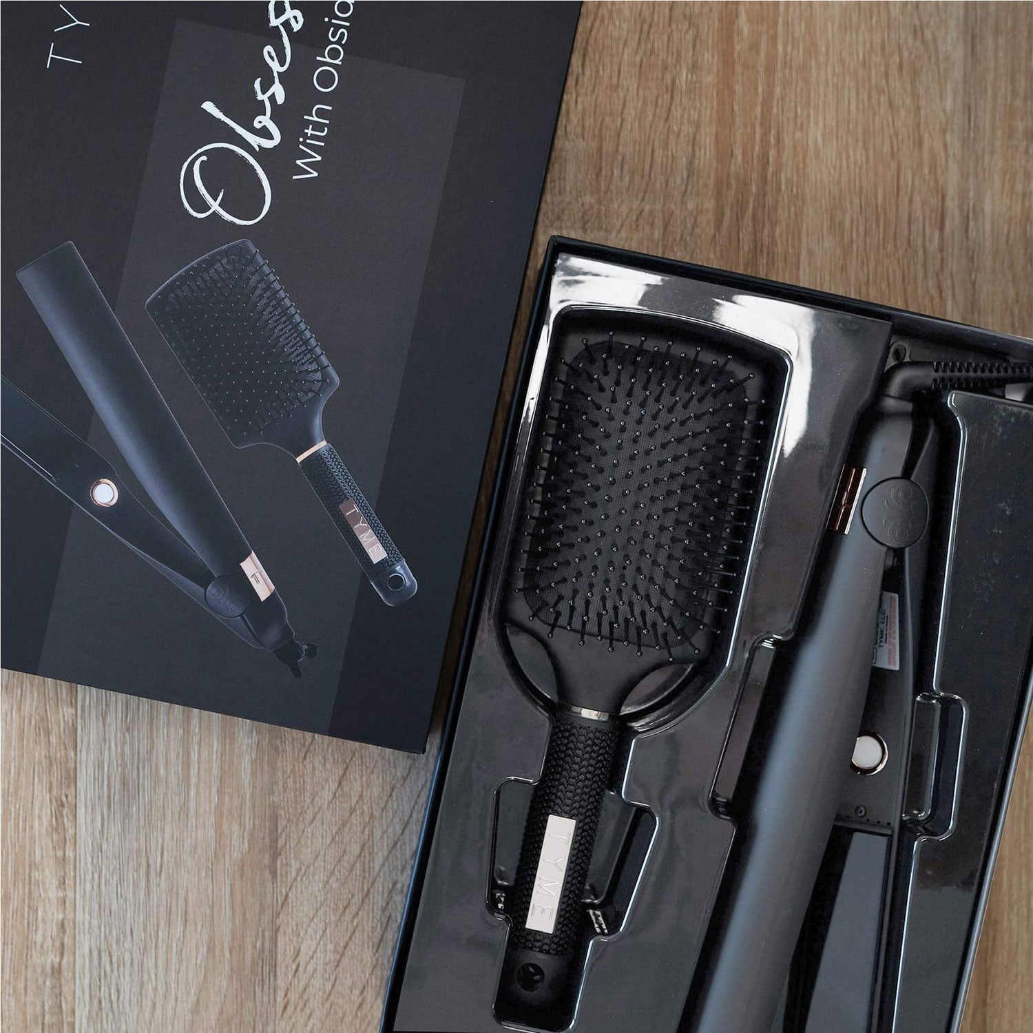 TYME Obsidion Kit w/ All In One Iron Pro Heat Tool and Paddle Hair Brush, Black (Refurbished)