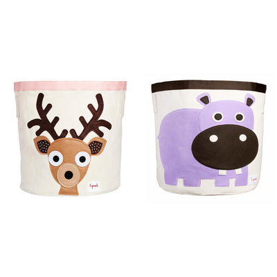 3 Sprouts Canvas Storage Bin Laundry and Toy Basket for Kids, Deer and Hippo