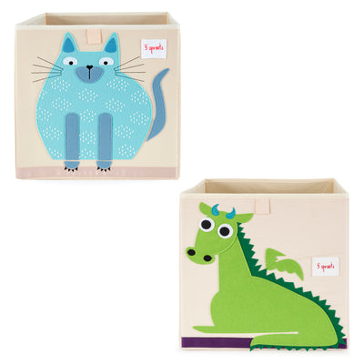 3 Sprouts Children's Fabric Storage Cube Bundle with Blue Cat and Green Dragon