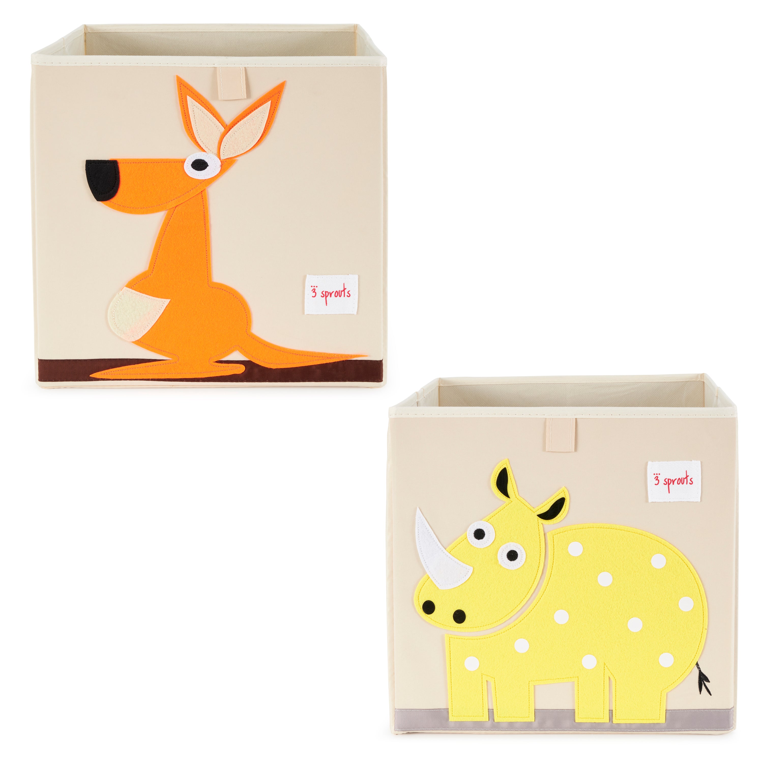 3 Sprouts Kid's Fabric Storage Cube Box Toy Bin, Kangaroo and Rhino (2 Pack)