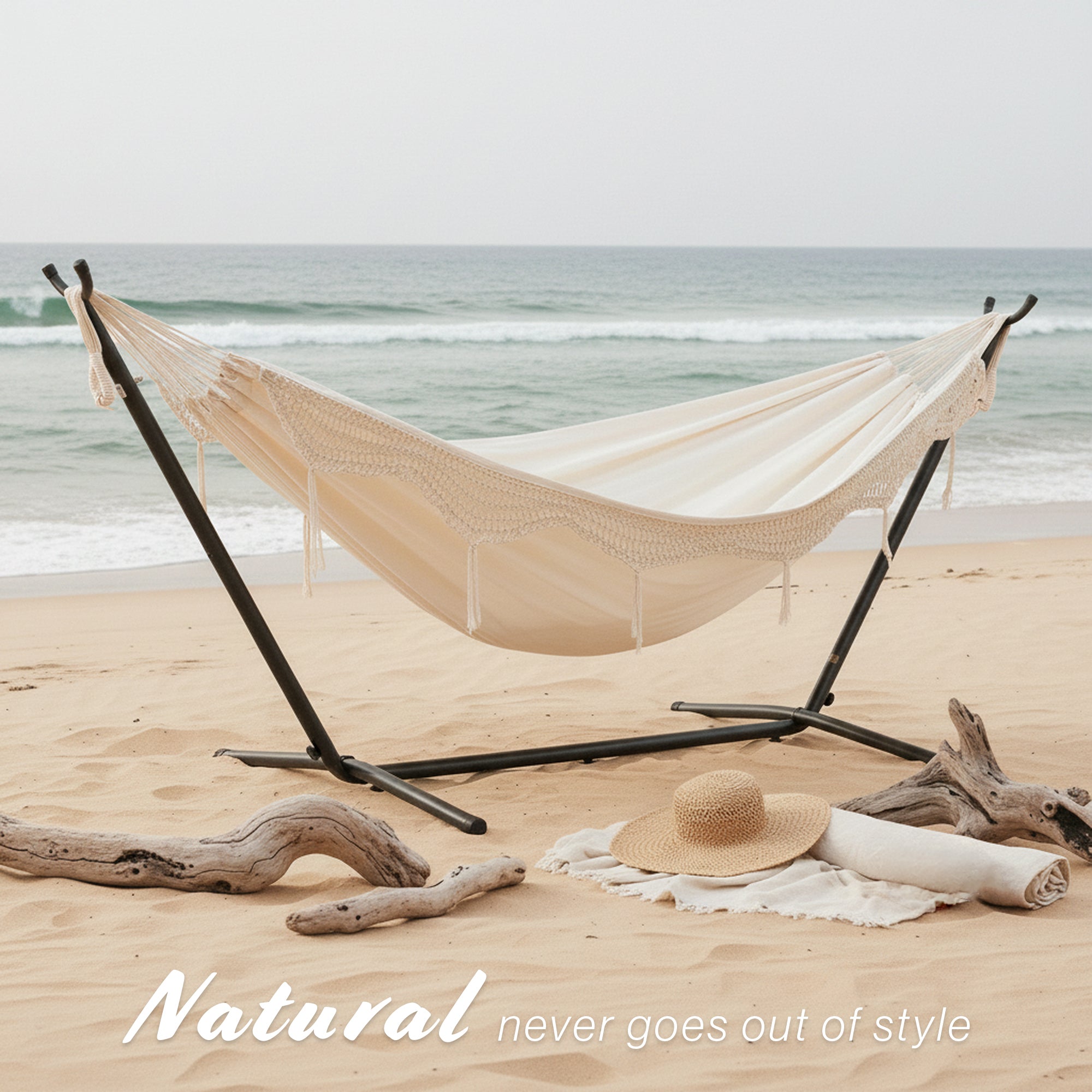 Vivere Double Cotton Hammock, Comfortable Daybed with Steel Stand, 9', (Used) - VMInnovations