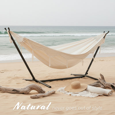 Vivere Double Cotton Hammock, Comfortable Daybed with Steel Stand, 9', (Used) - VMInnovations