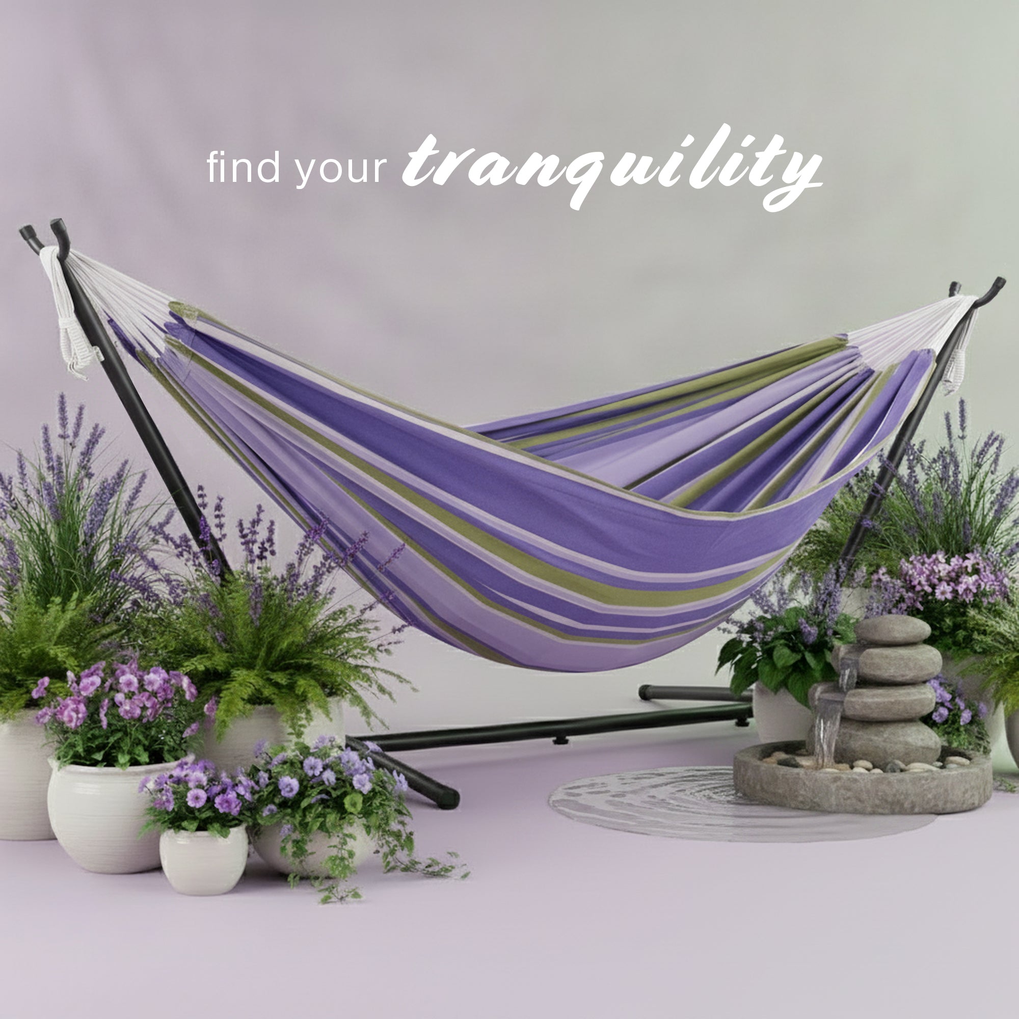 Vivere Double Cotton Hammock, Comfortable Daybed, Steel Stand, 9', Tranquility - VMInnovations
