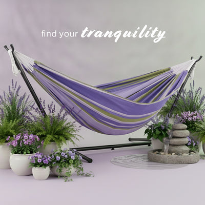 Vivere Double Cotton Hammock, Comfortable Daybed, Steel Stand, 9', Tranquility - VMInnovations