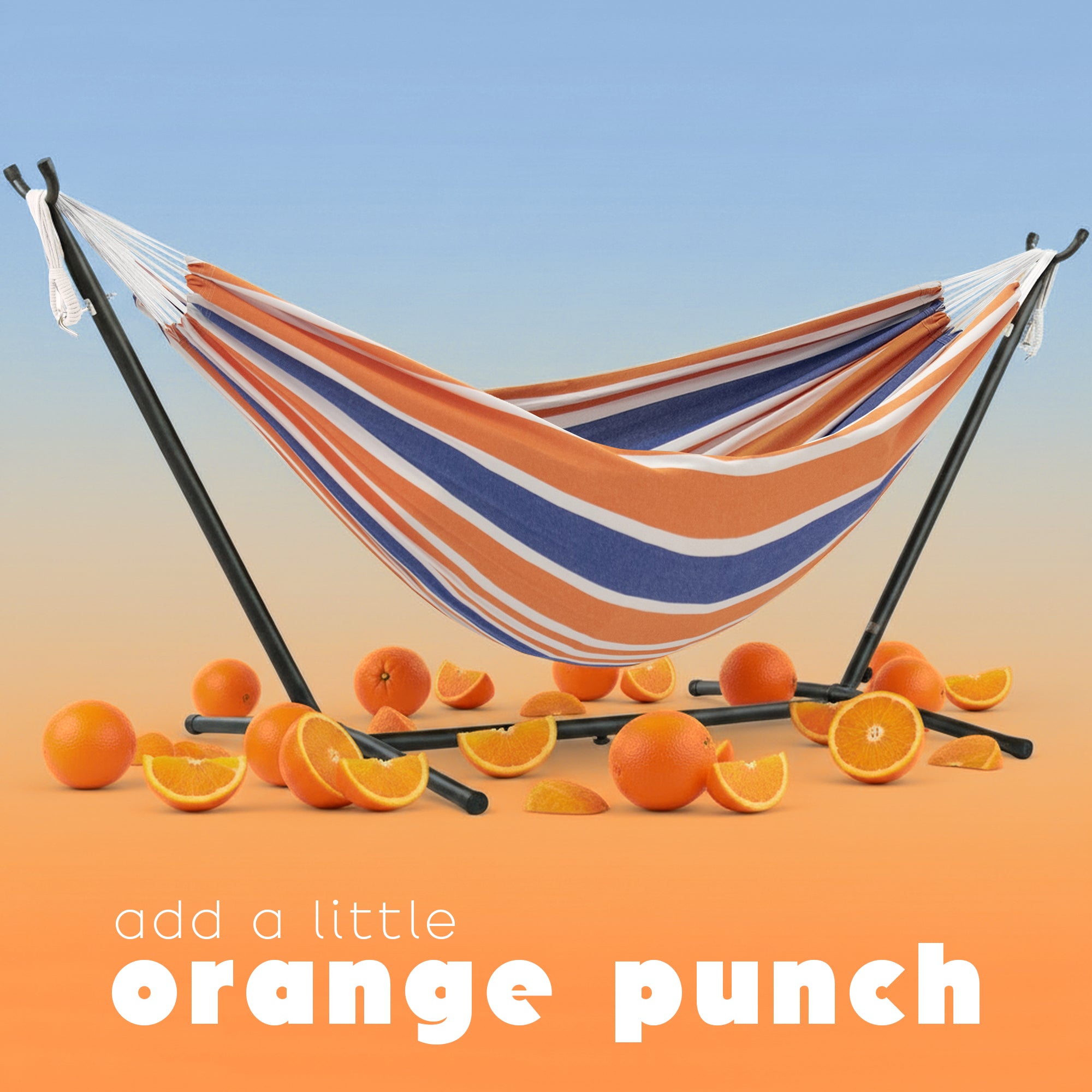 Vivere Double Cotton Hammock, Comfortable Daybed, Steel Stand, 9', Orange Punch - VMInnovations
