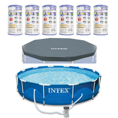 Intex Metal Frame Above Ground Pool w/ Pump, Filter Cartridge 6 Pack, and Cover