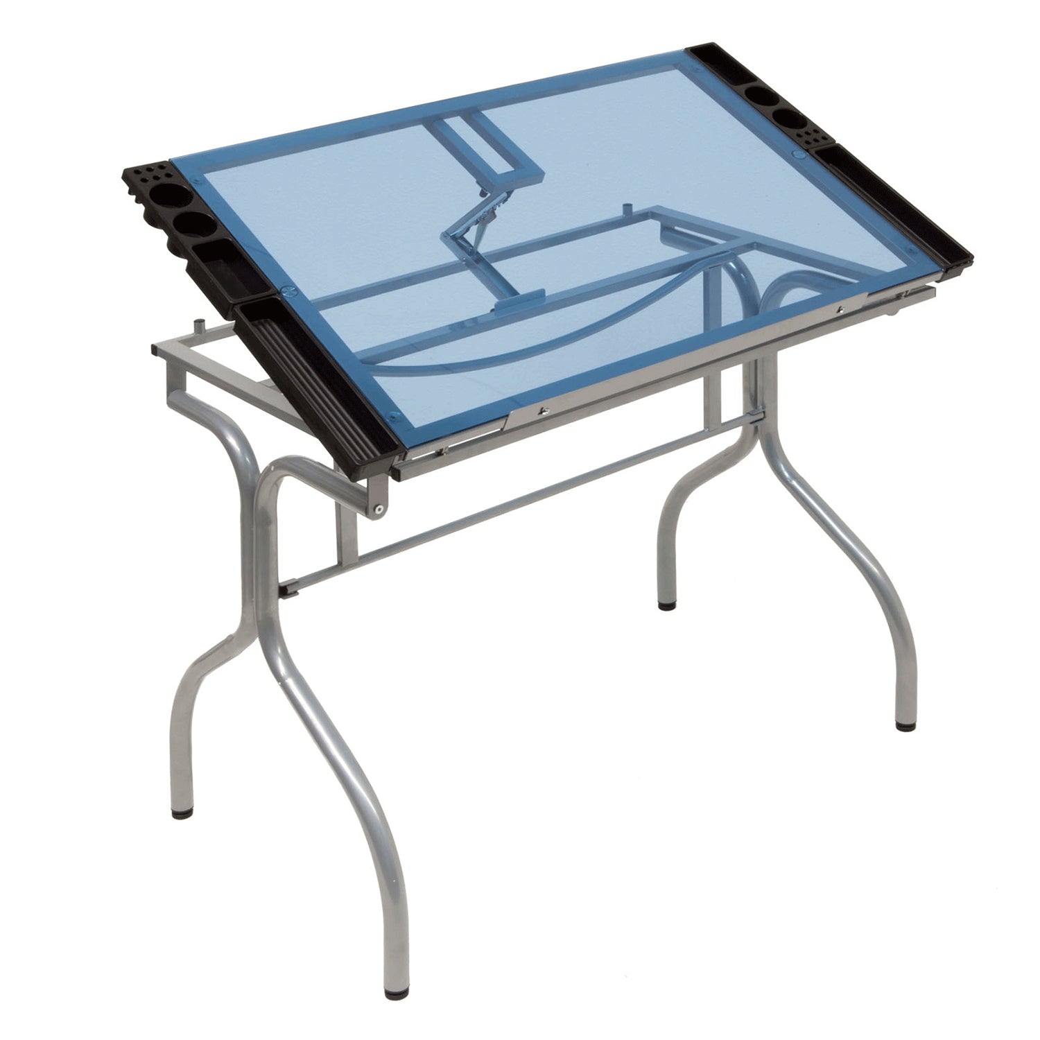 Studio Design Blue Glass Folding Art Drafting and Craft Table, Silver (Open Box)
