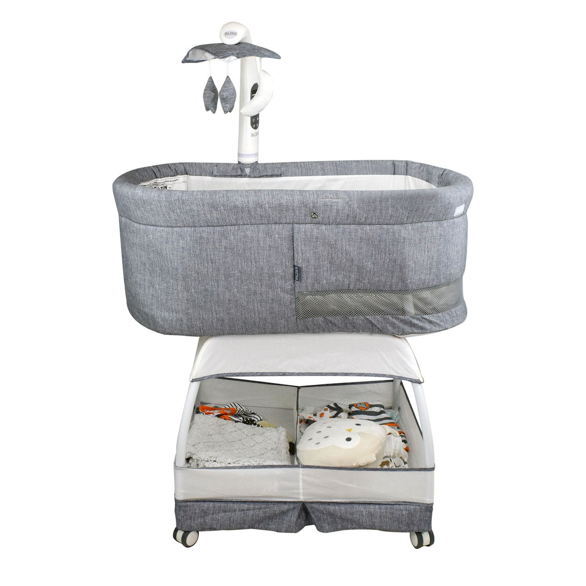 TruBliss Baby Sweetli Deluxe Bassinet Crib Sleeper with Mobile, Stonewash Gray - VMInnovations