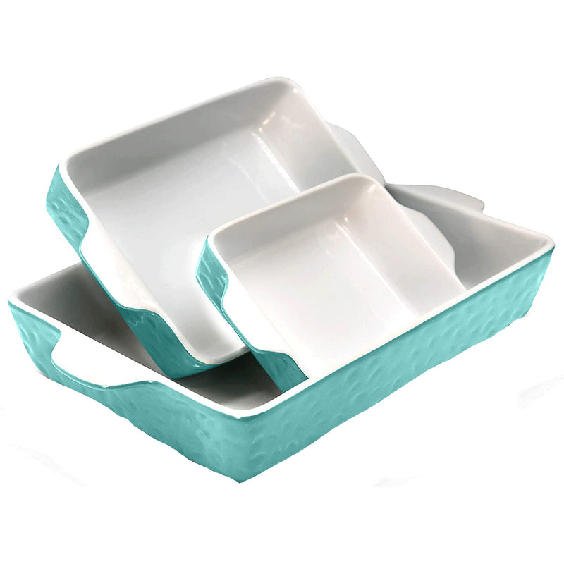 NutriChef Rectangular Ceramic 3 Piece Nonstick Kitchen Bakeware Pan Set, Aqua