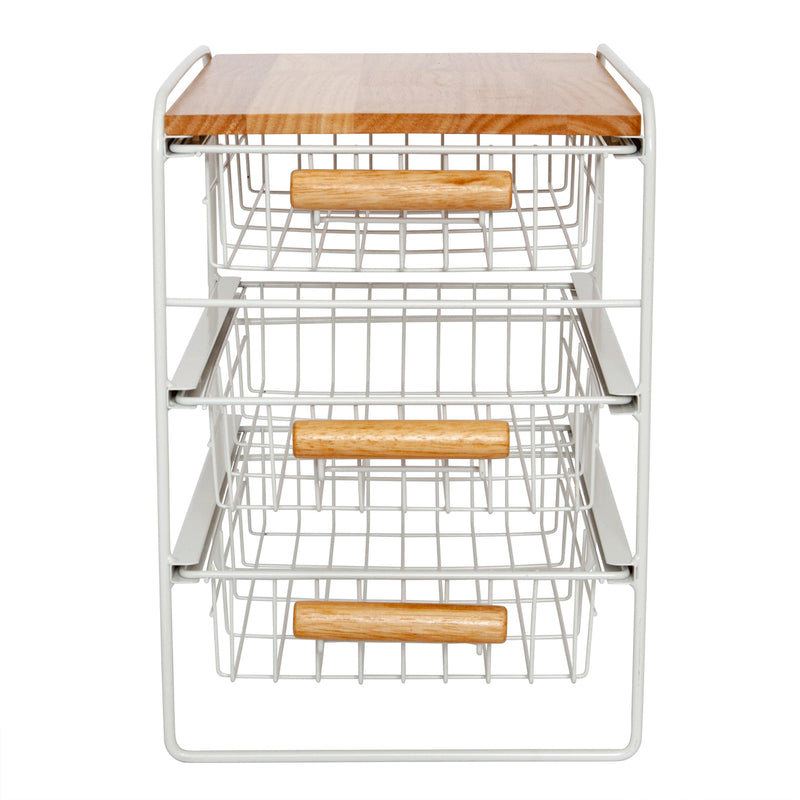 Origami Wood Top Steel Kitchen Organizer 3 Basket Sliding Drawer, White (Used)