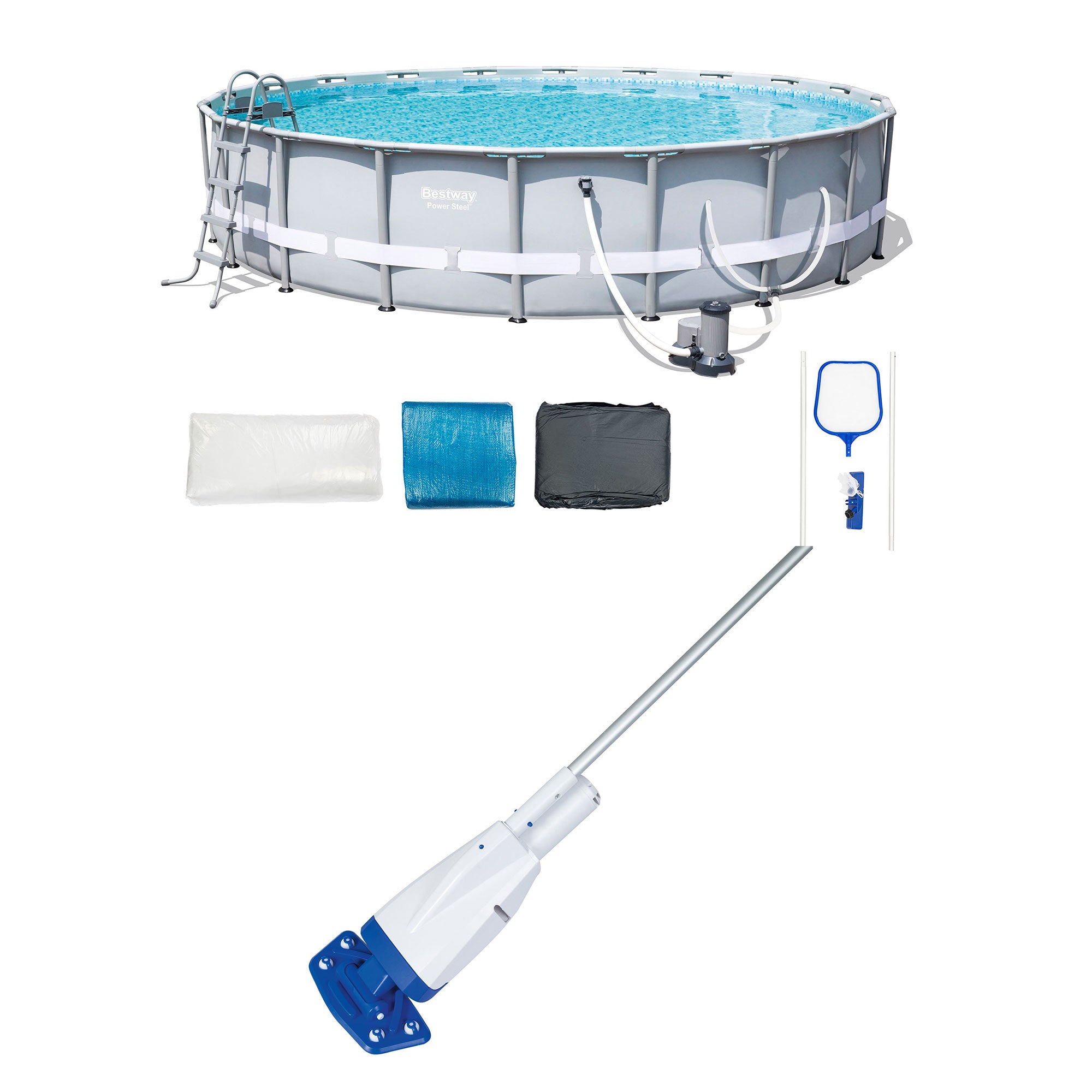 Bestway 20ft x 48in Steel Pro Frame Pool Set, Aqua Powercell Vacuum, & Skimmer - VMInnovations