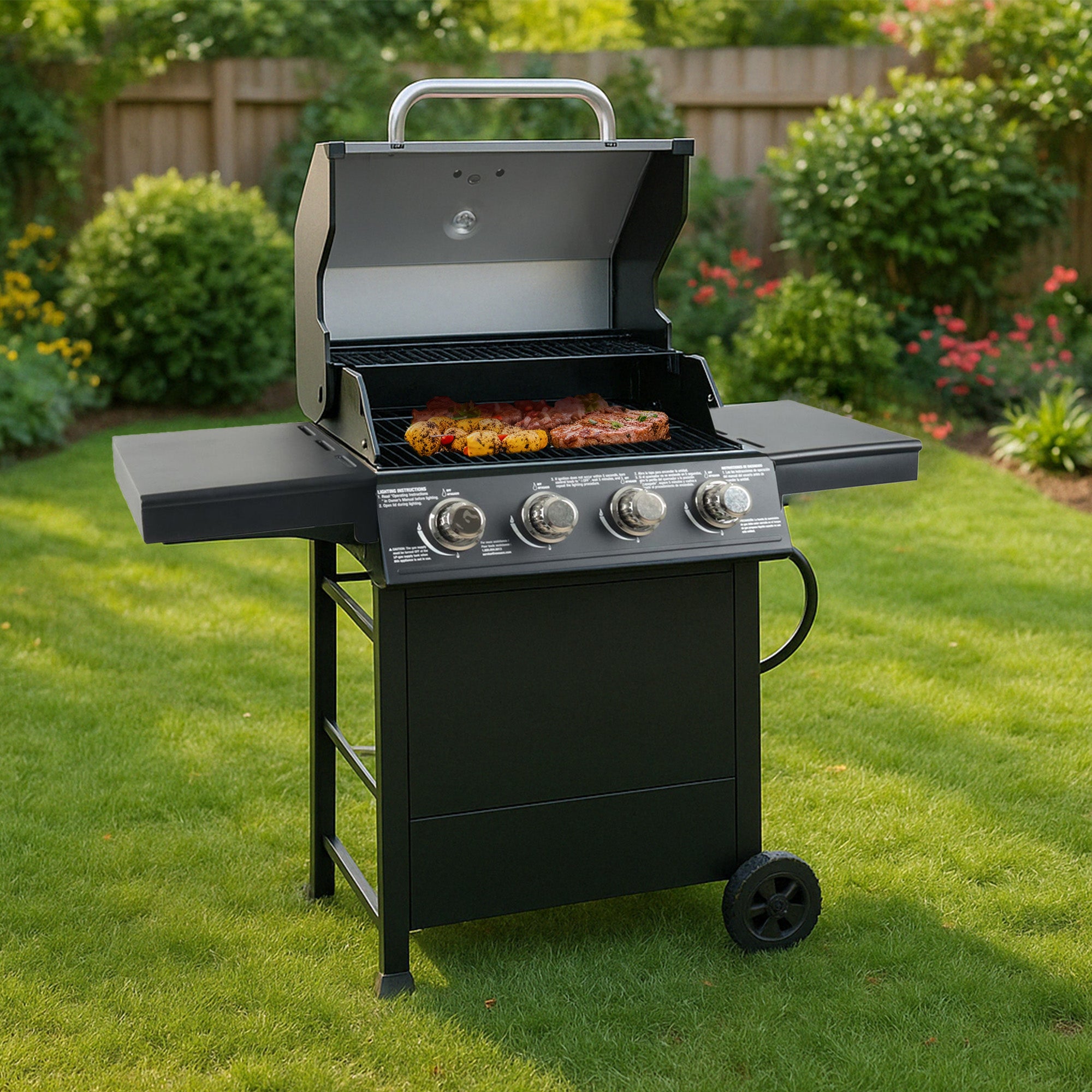Grill Boss 4-Burner Outdoor Propane Gas Grill with Side Shelves & Wheels, Black