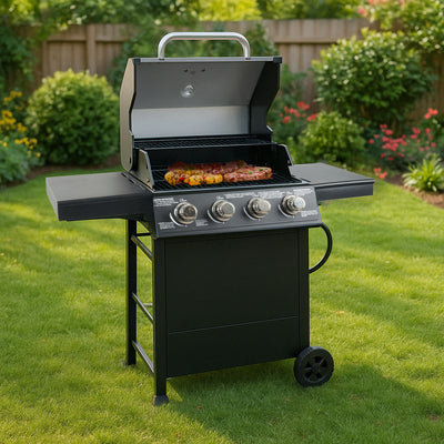 Grill Boss 4-Burner Outdoor Propane Gas Grill with Side Shelves & Wheels, Black