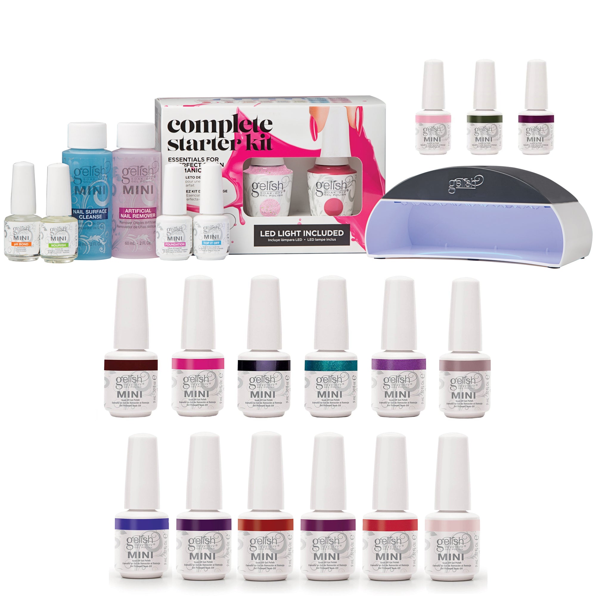 Gelish Mini Soak Off Gel Nail Polish Starter Kit with 17 Gel Colors & LED Light