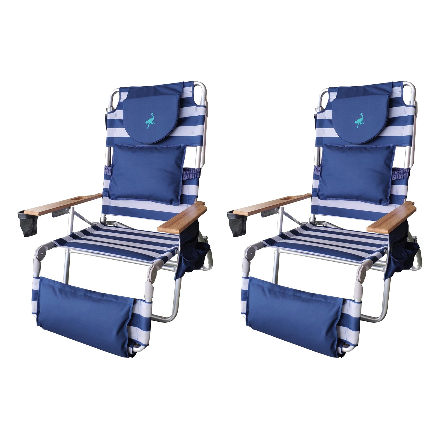 Ostrich Deluxe Padded 3-N-1 Outdoor Lounge Reclining Beach Chair, Blue (2 Pack) - VMInnovations