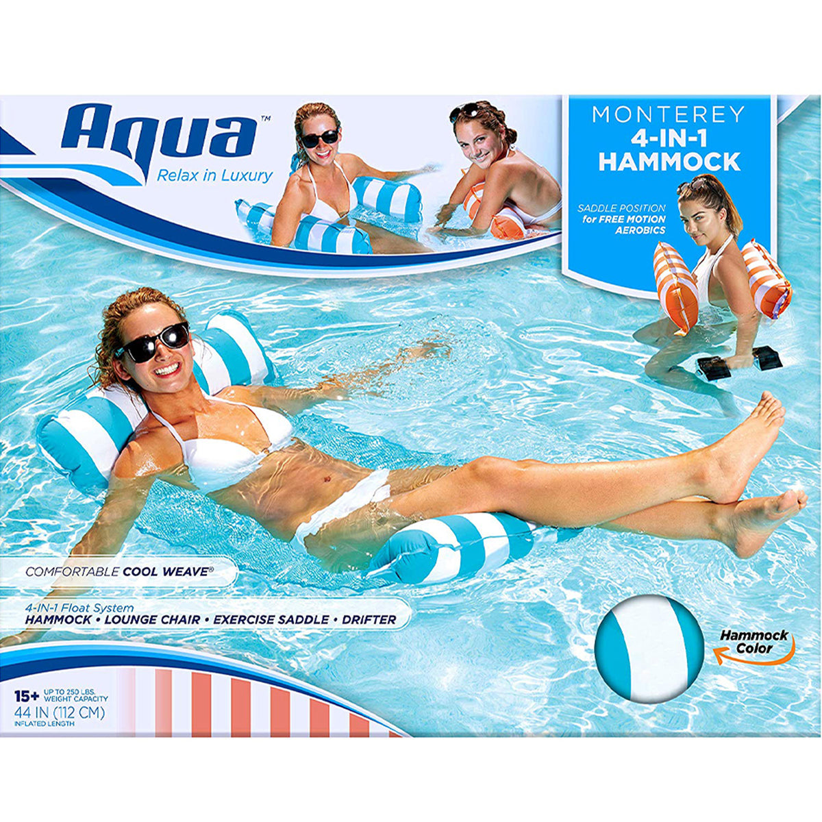 Aqua Leisure Monterey Water Hammock 4 in 1 Inflatable Pool Float Lounger, Blue