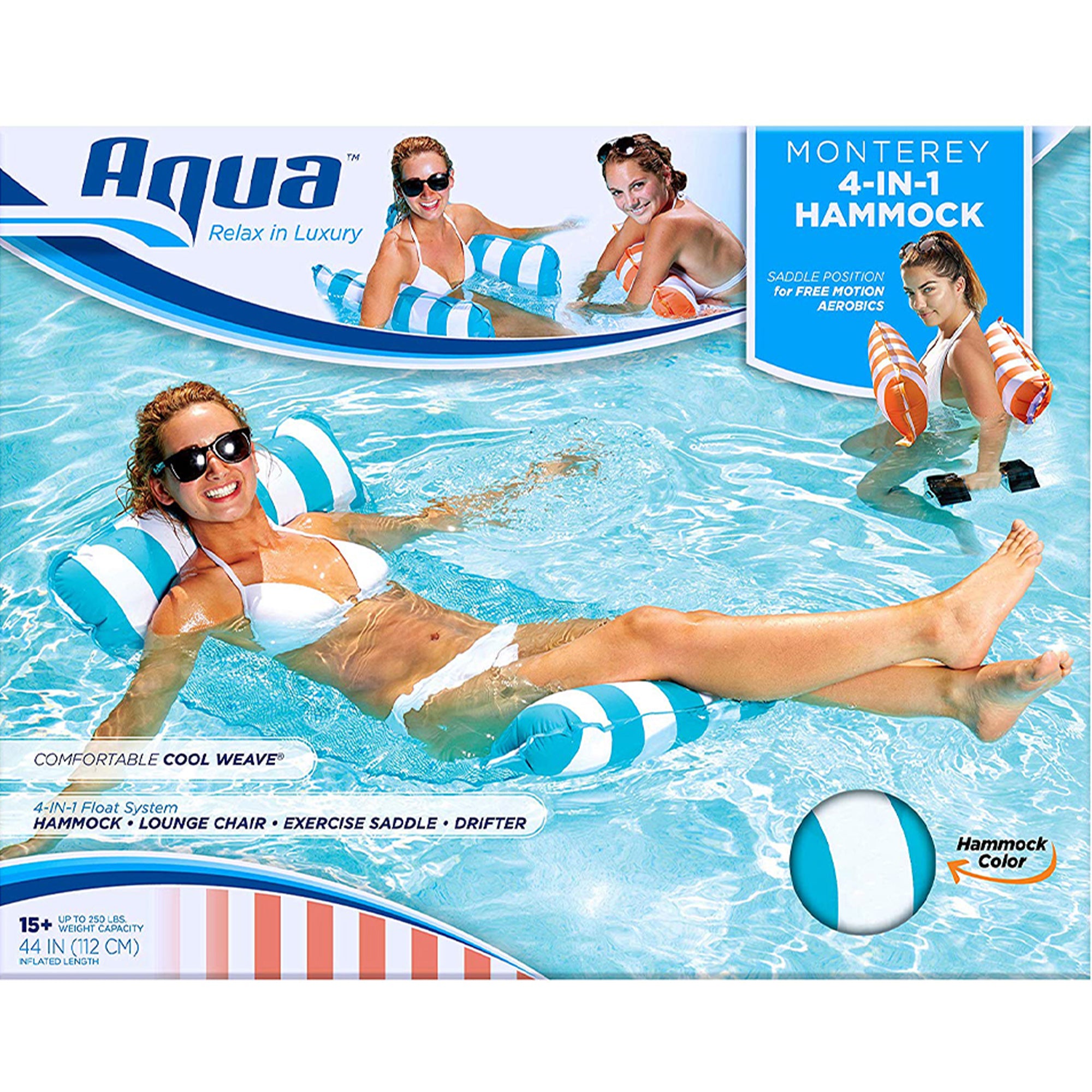 Aqua Leisure Monterey Water Hammock 4 in 1 Inflatable Pool Float Lounger, Blue
