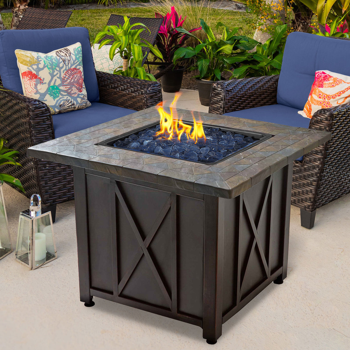 Endless Summer 30,000 BTU LP Gas Outdoor Fire Pit with Blue Fire Glass, Bronze - VMInnovations