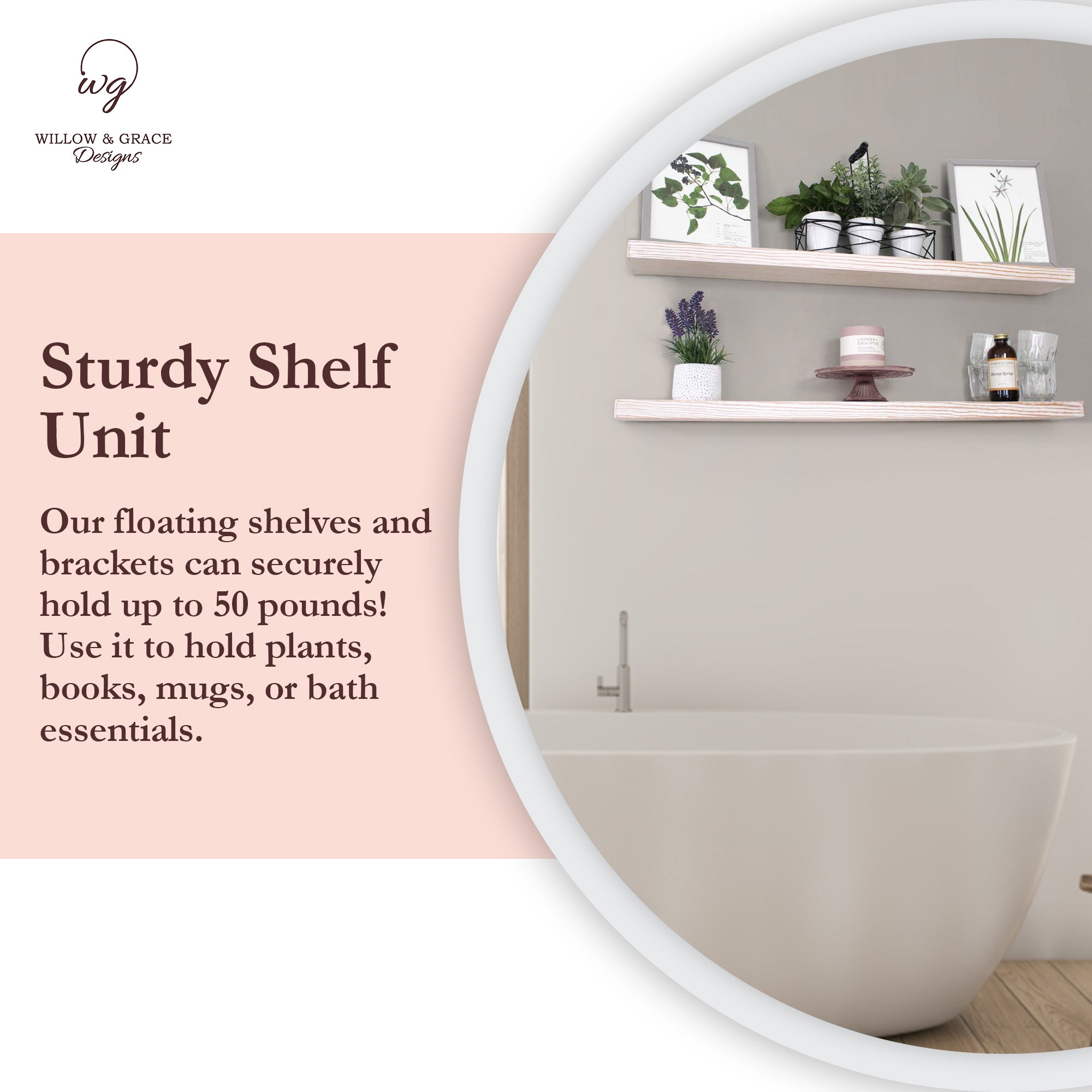 Willow & Grace Suzy 36 Inch Floating Wall Mount Shelves, White Wash (6 Pack)