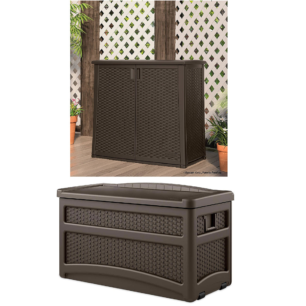 Suncast Storage Entertaining Station w/Shelf & Patio Storage Chest w/Seat - VMInnovations