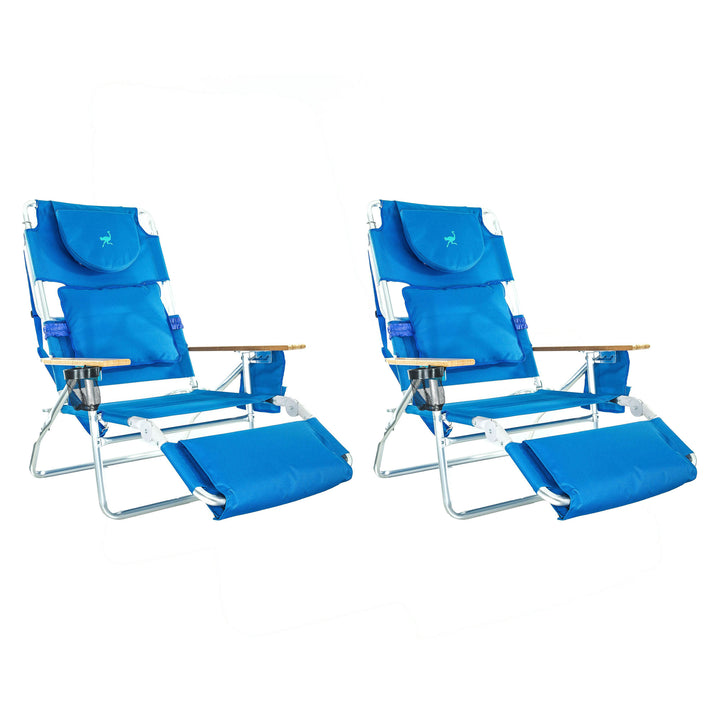 Ostrich Deluxe Padded 3-N-1 Outdoor Lounge Reclining Beach Chair, Blue (2 Pack)