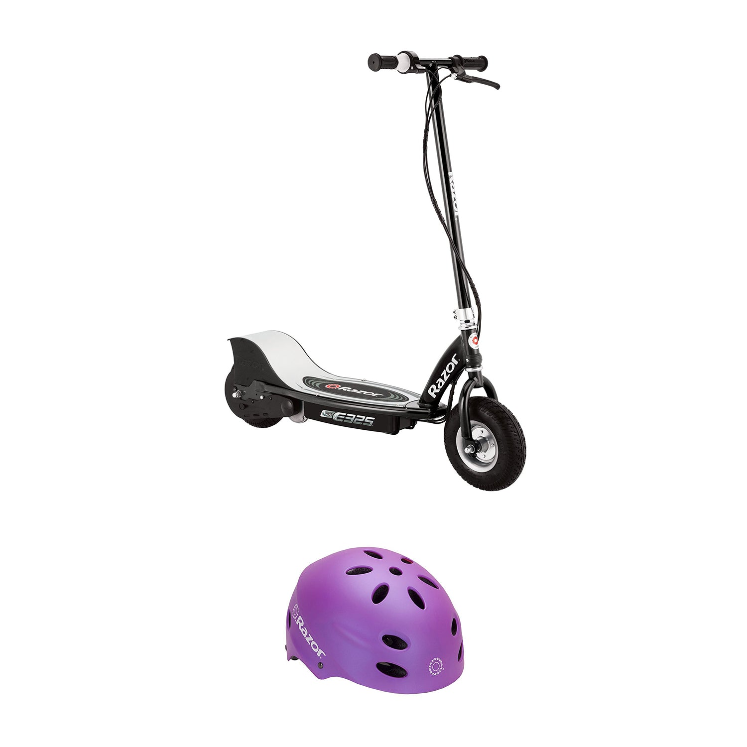 Razor E325 Scooter w/ Top Speed of 15 MPH, Black and Protective Helmet, Purple