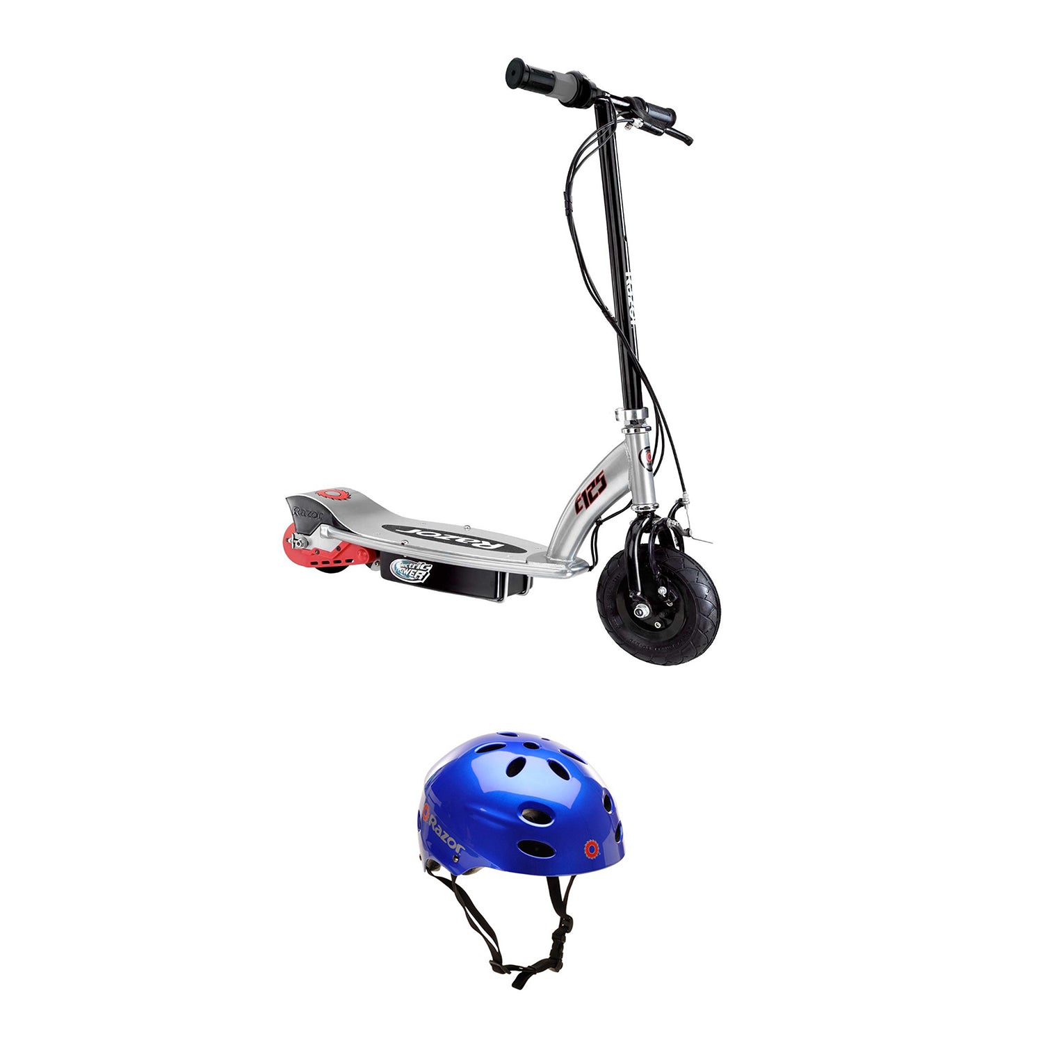 Razor E125 Motorized Electric Scooter, Black and V-17 Safety Helmet, Glossy Blue