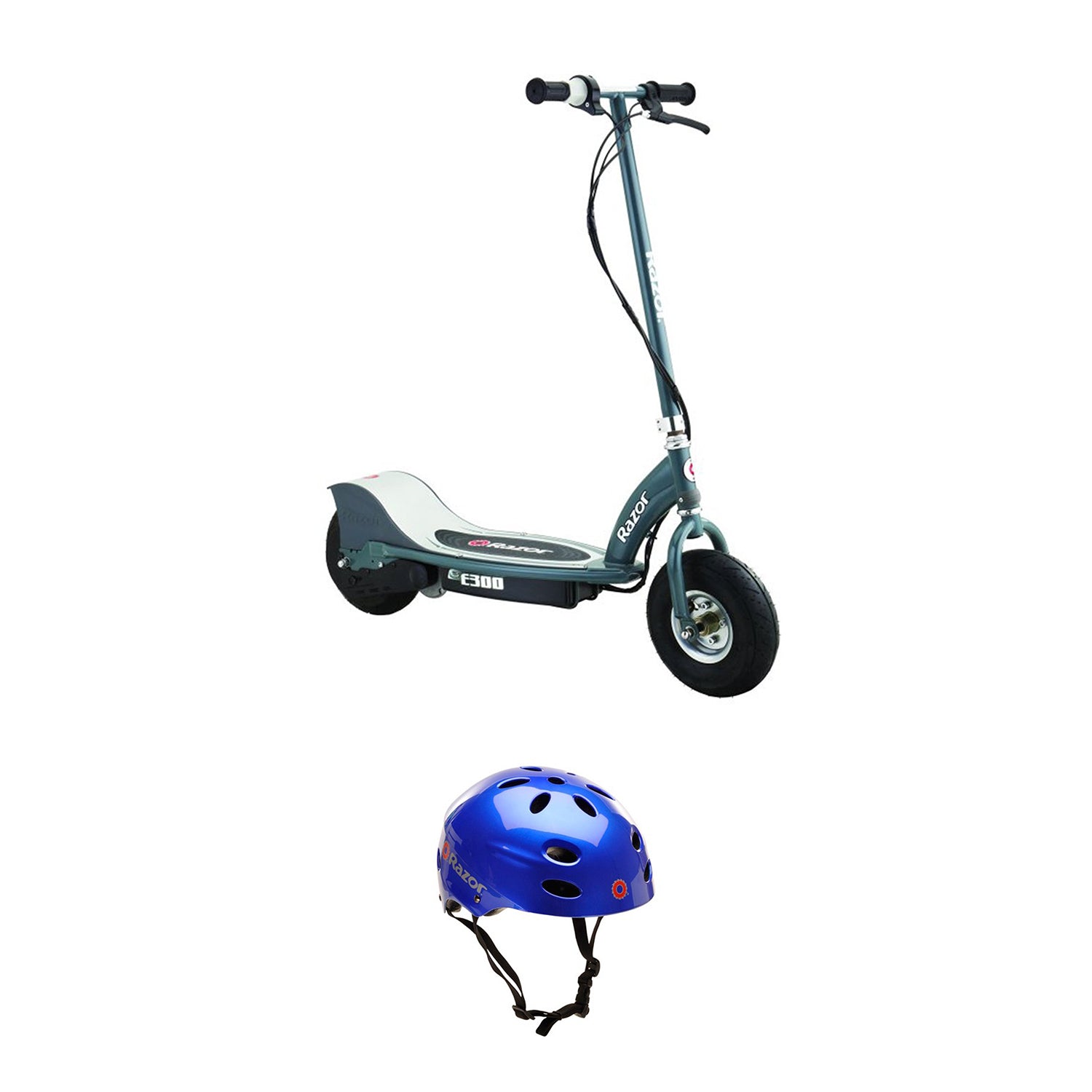 Razor E300 Electric Motorized Scooter, Gray and V 17 Safety Helmet, Glossy Blue